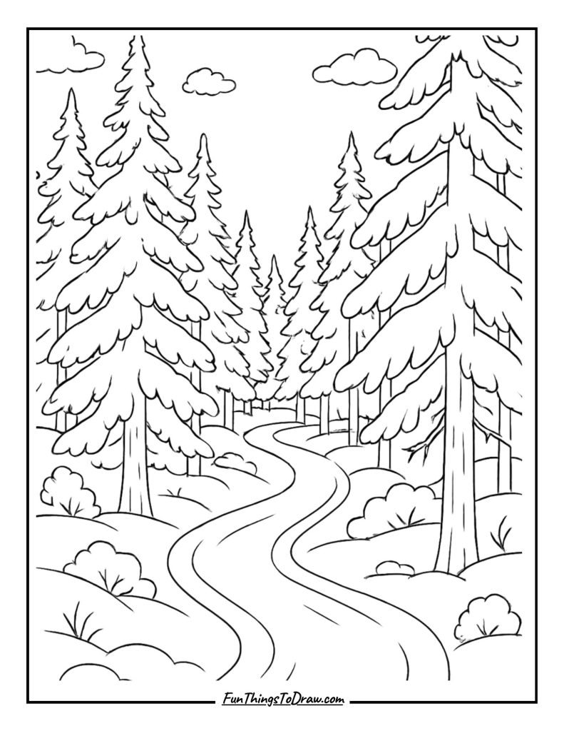 Winter Forest Path Coloring Page