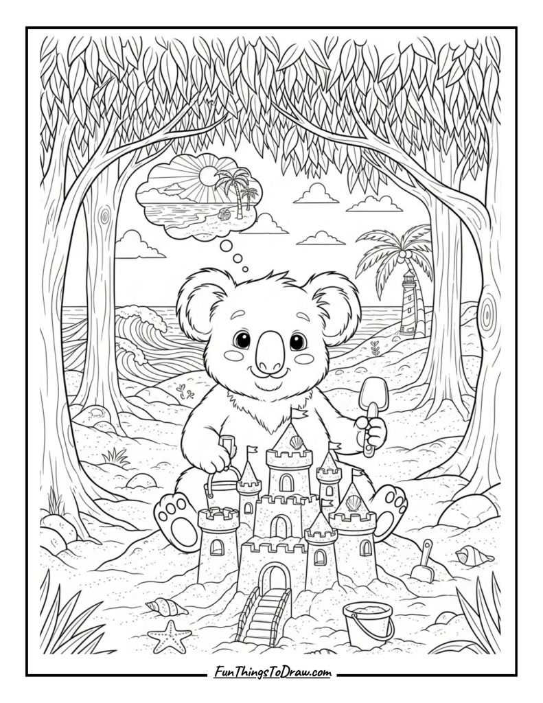 Koala Building a Sandcastle Coloring Page