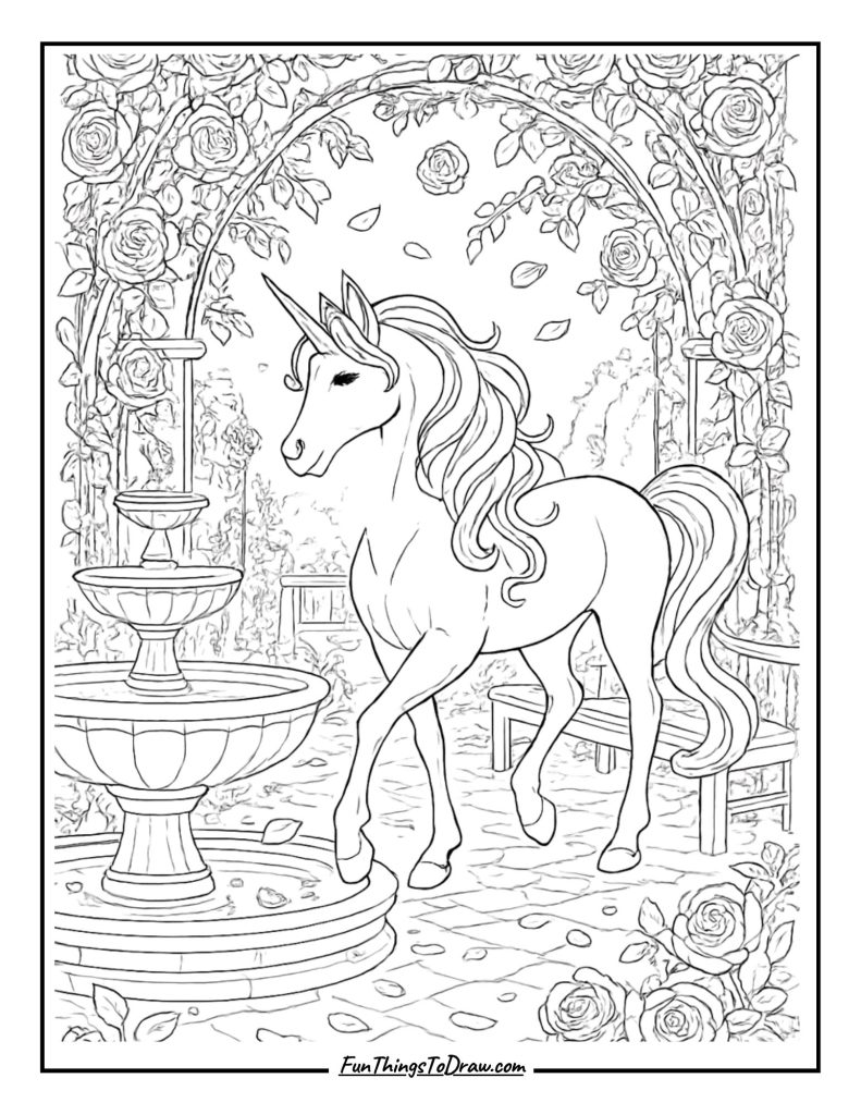 Unicorn in Garden Coloring PAge