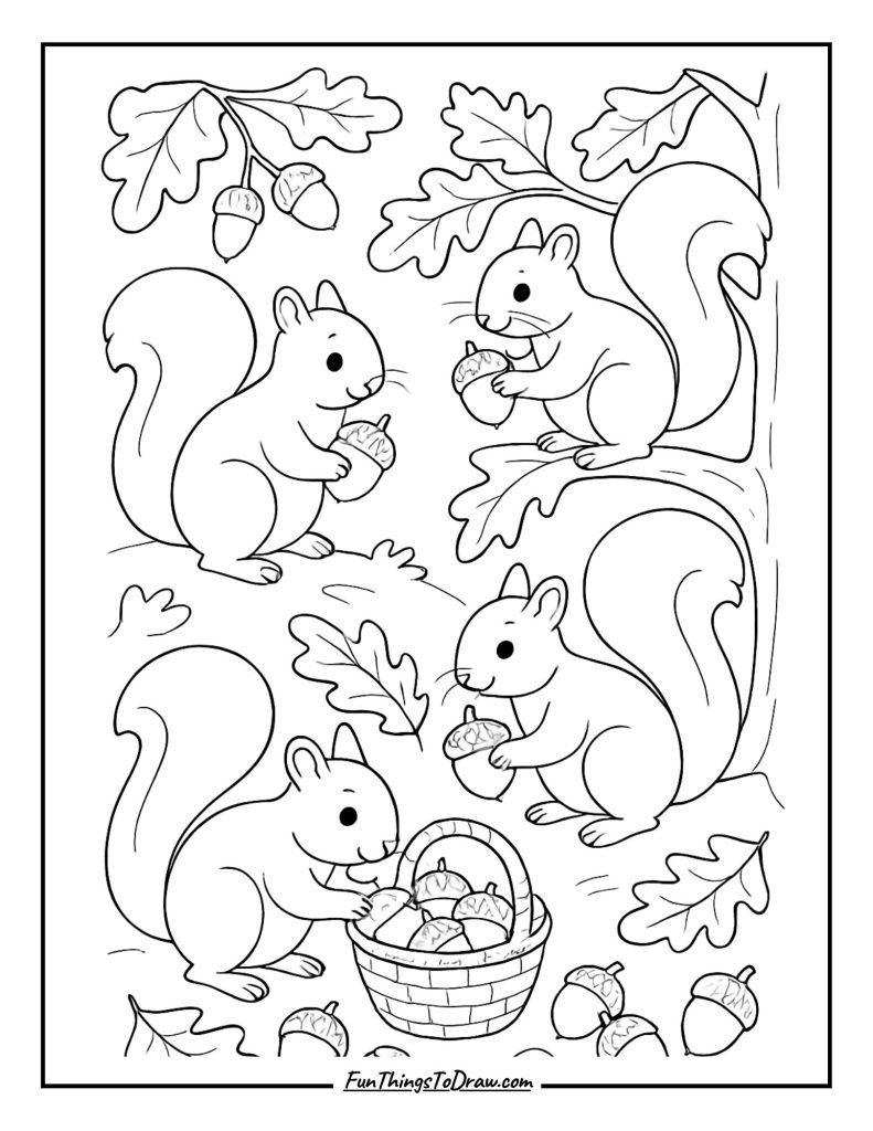 Squirrels gathering acorns for winter storage coloring page
