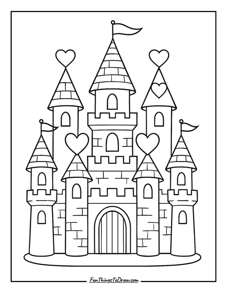 Castle with Heart-Shaped Turrets Coloring Page