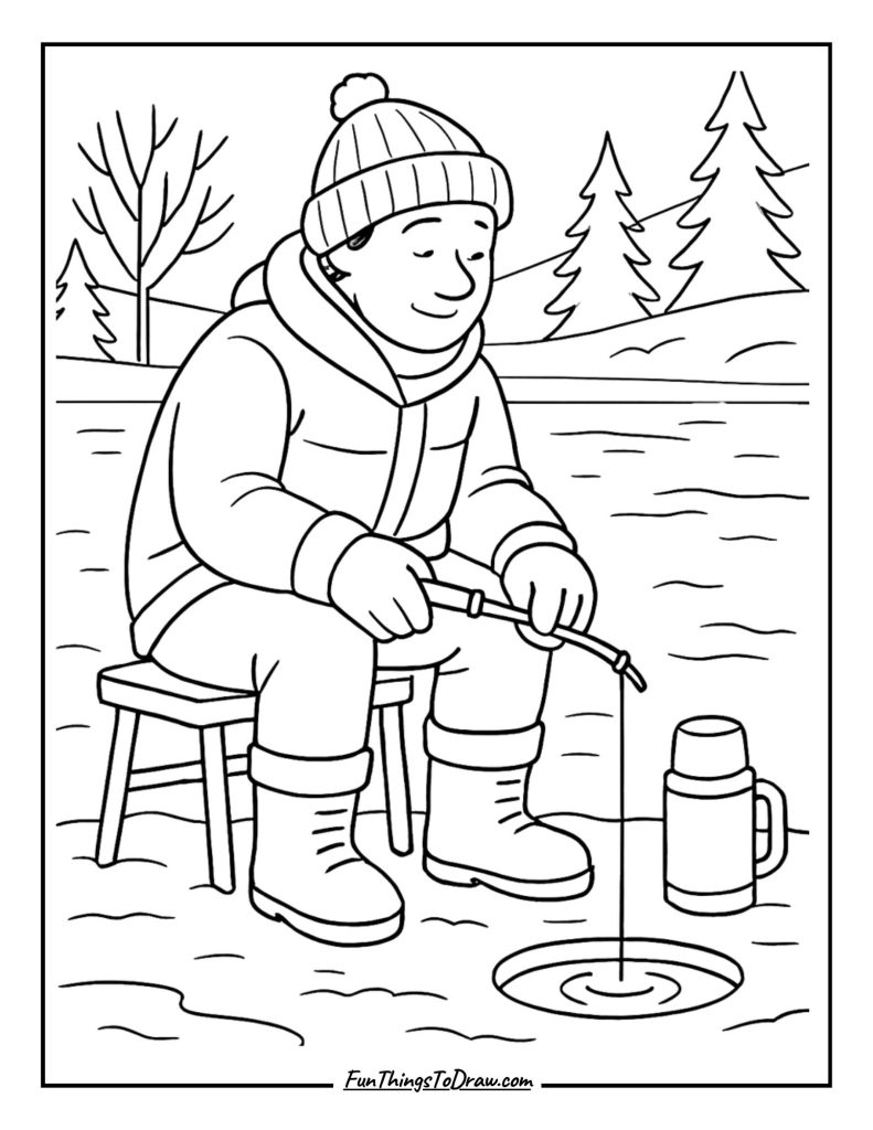 Ice Fishing on a Frozen River Coloring Sheet