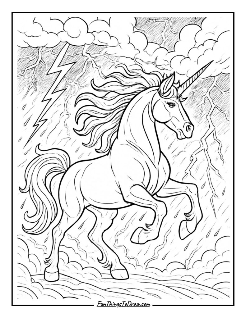 Lightning Storm Unicorn Coloring Page