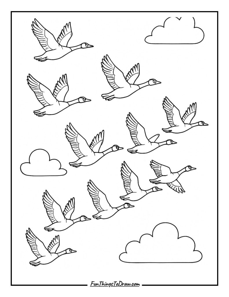 Coloring page of Migrating geese flying across the sky