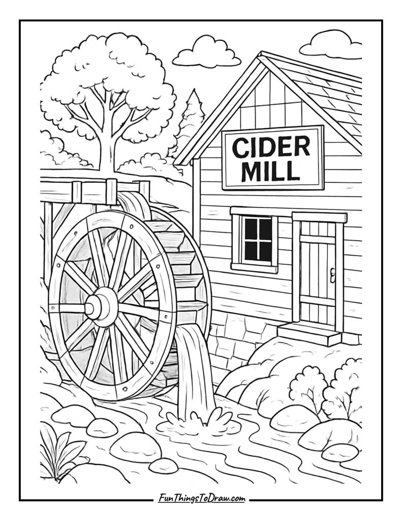 October coloring pages (Cider Mill Wheel)