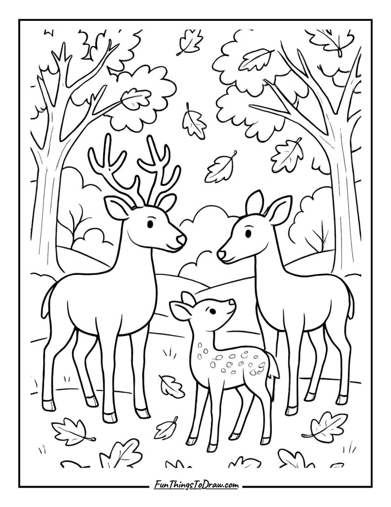 Deer family in autumn woodland setting coloring page