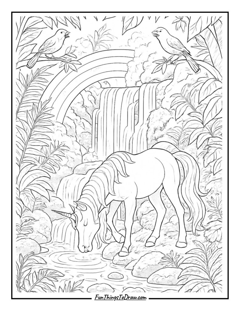 Unicorn near waterfall coloring page