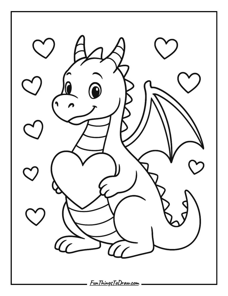 Dragon holding heart coloring page