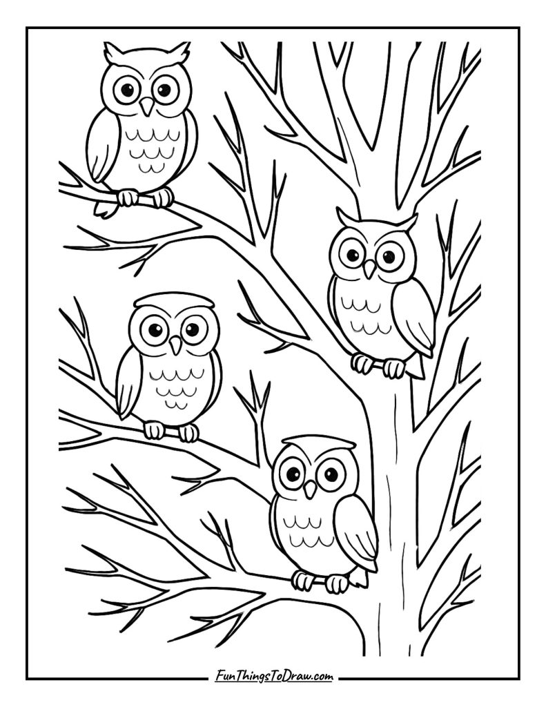 Owls perched on bare November tree branches coloring page