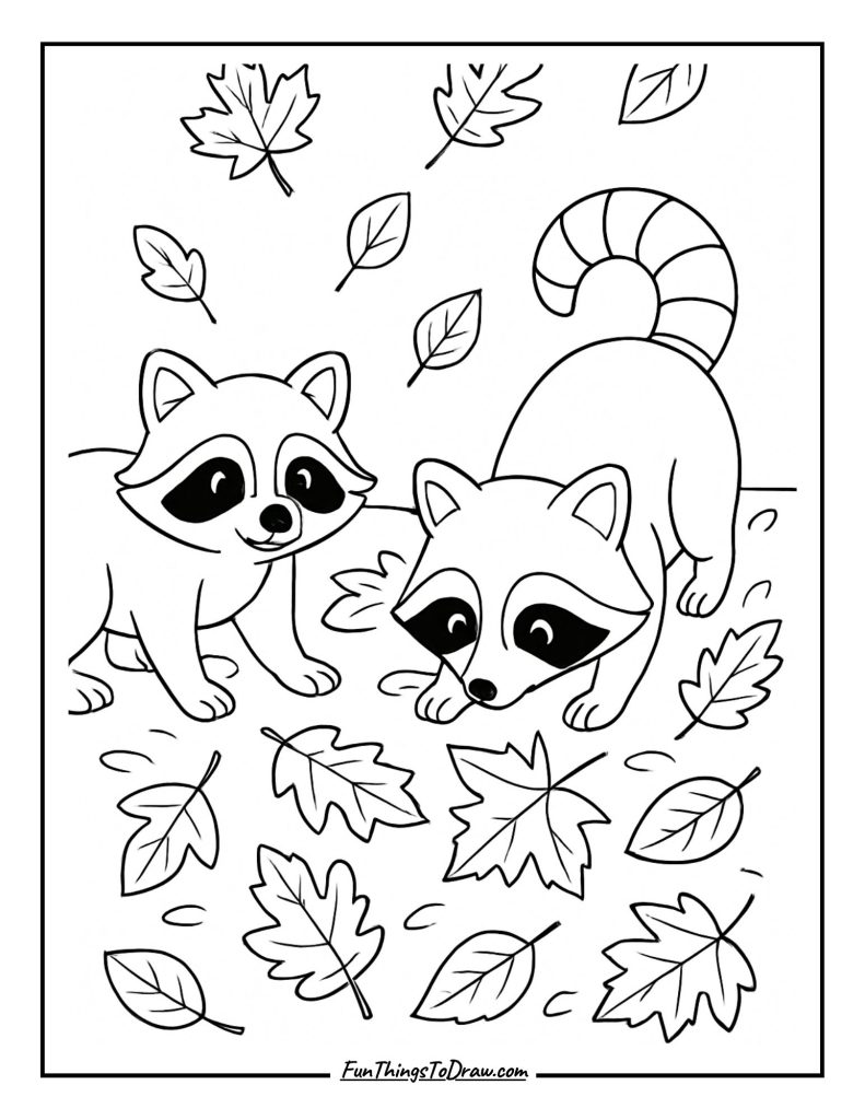 Raccoons exploring fallen autumn leaves coloring page