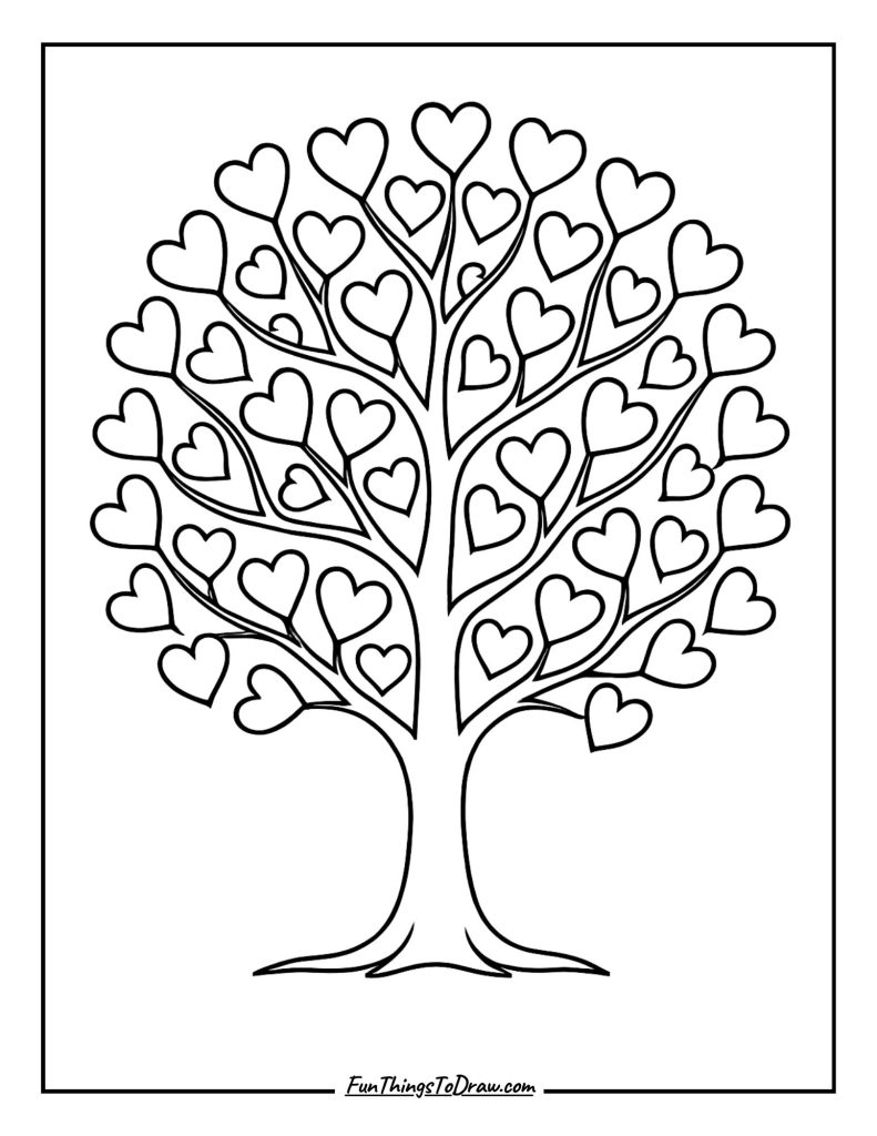 Tree with Heart-Shaped Leaves coloring page