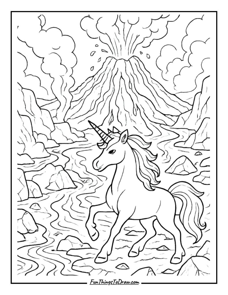 Volcano Unicorn Coloring Page