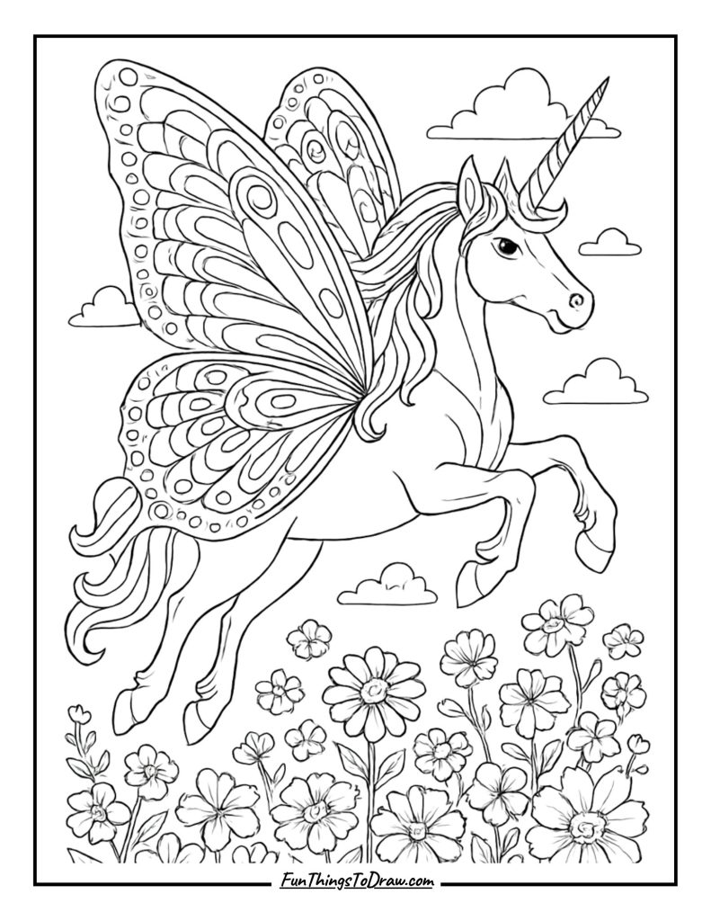 Coloring Sheet of a unicorn with butterfly wings
