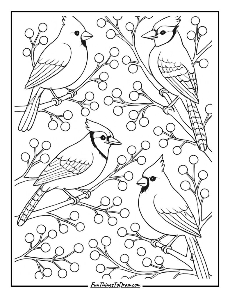 Cardinals and blue jays on winter berry branches coloring page