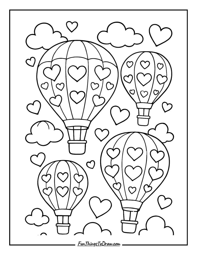 Hot Air Balloon Race with Hearts coloring page