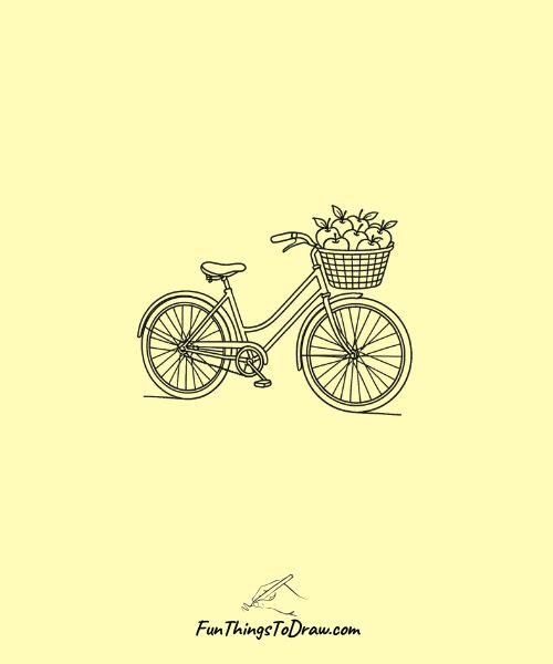Drawing of Vintage bicycle with a basket full of apples
