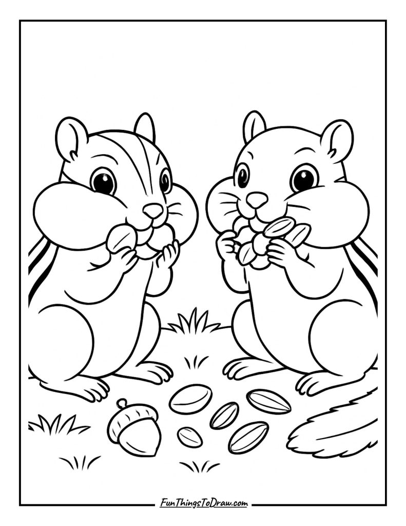 Chipmunks with cheeks full of nuts and seeds coloring page