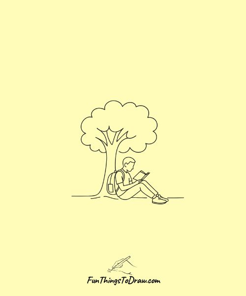 Drawing of Student sitting under a tree reading book