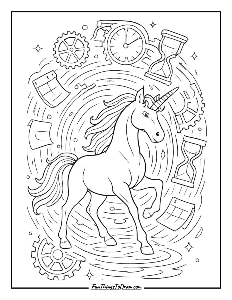Time Portal Unicorn Coloring Page