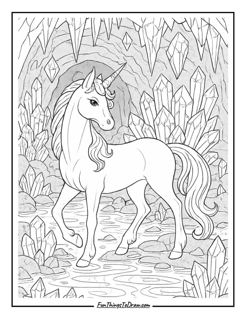 Crystal Cave Unicorn Coloring Page