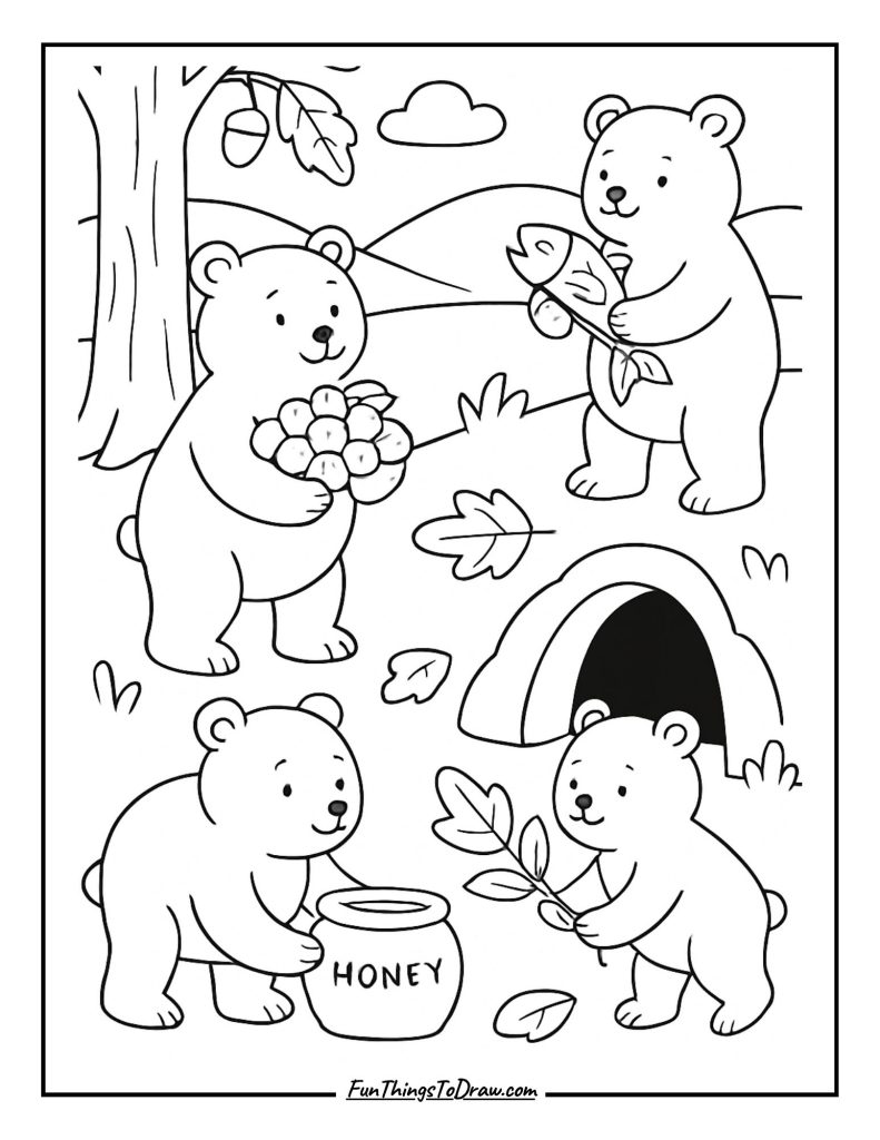 Bears preparing for winter hibernation coloring page