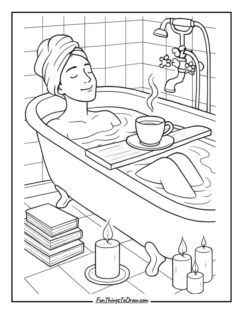 Winter Self-Care Scene Coloring Page