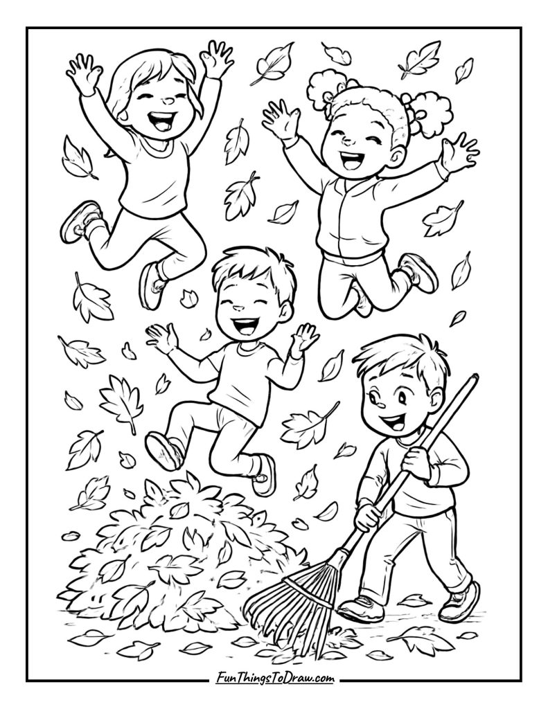 Autumn Leaf Pile Jump Coloring Page