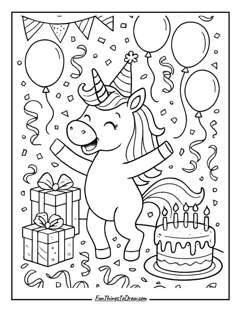 Celebration Unicorn Coloring Page