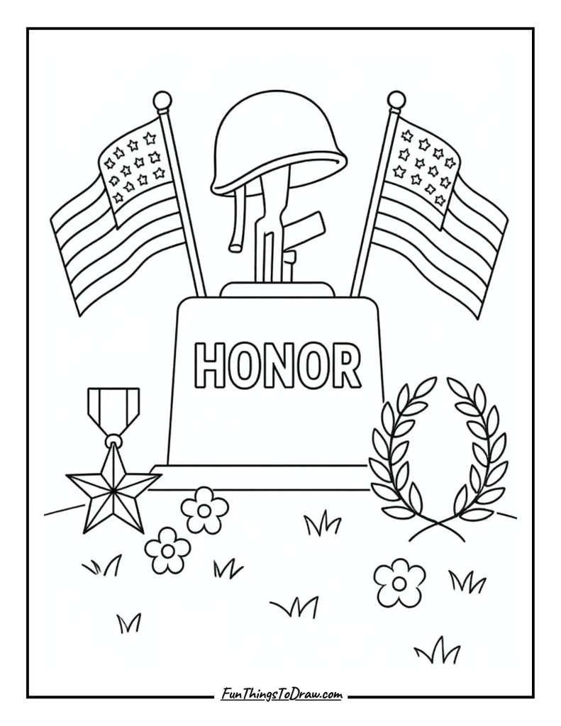Veterans Day memorial with flags and honor symbols coloring page