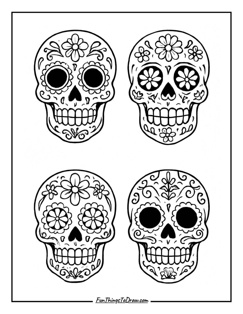 Día de los Muertos sugar skulls with intricate patterns coloring page