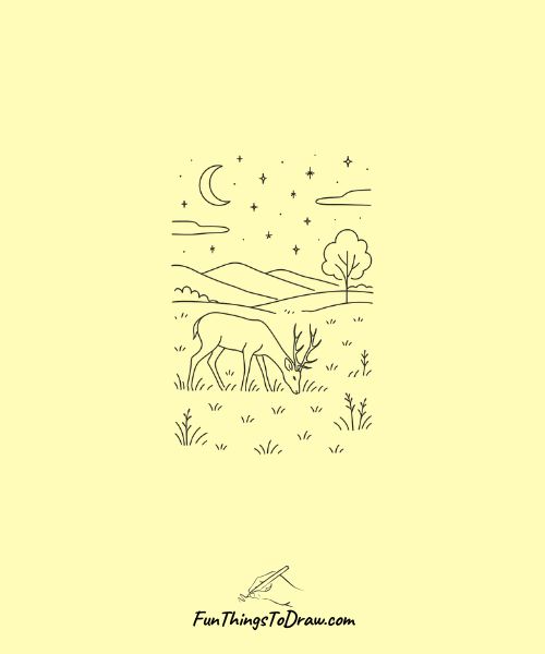 Drawing of Deer grazing in a meadow at twilight