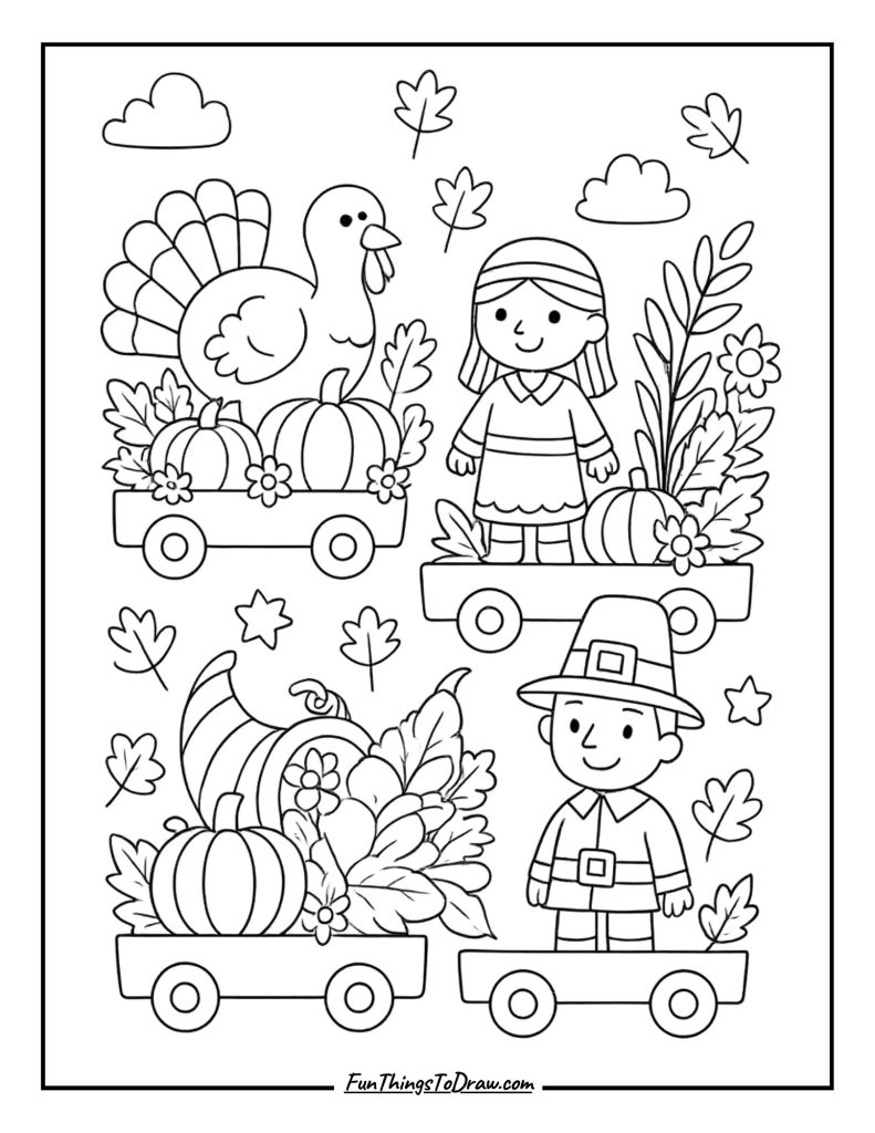 Thanksgiving parade floats with detailed decorations coloring page