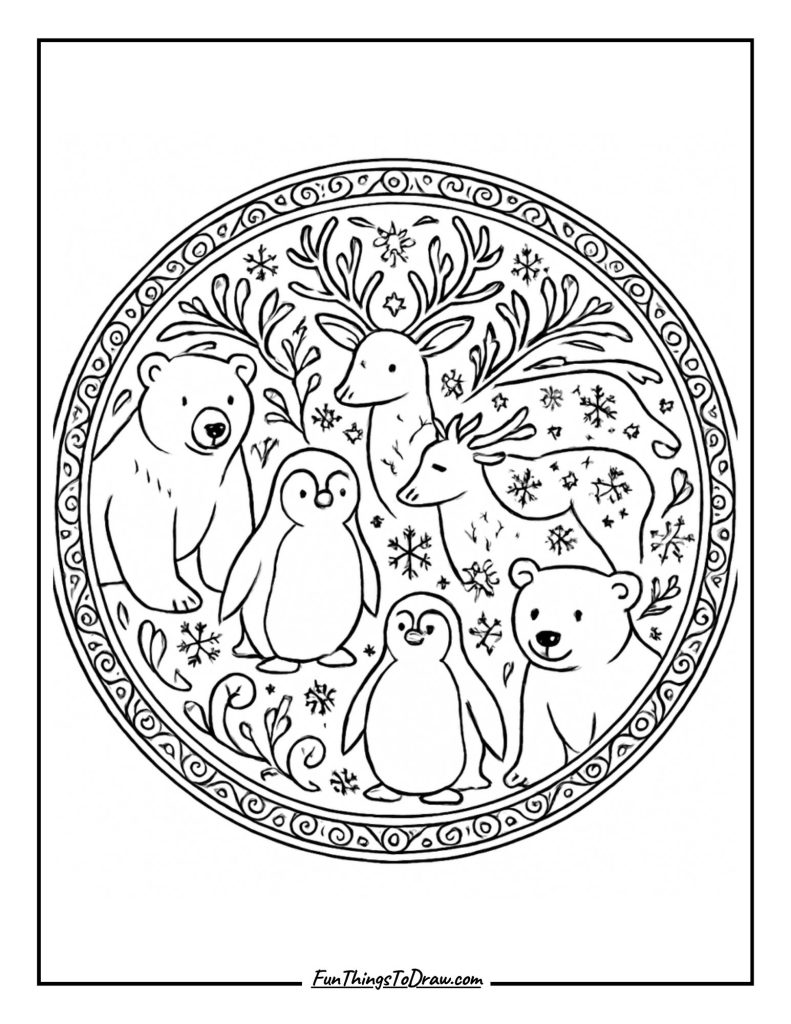 Winter Mandala with Animals Coloring Page