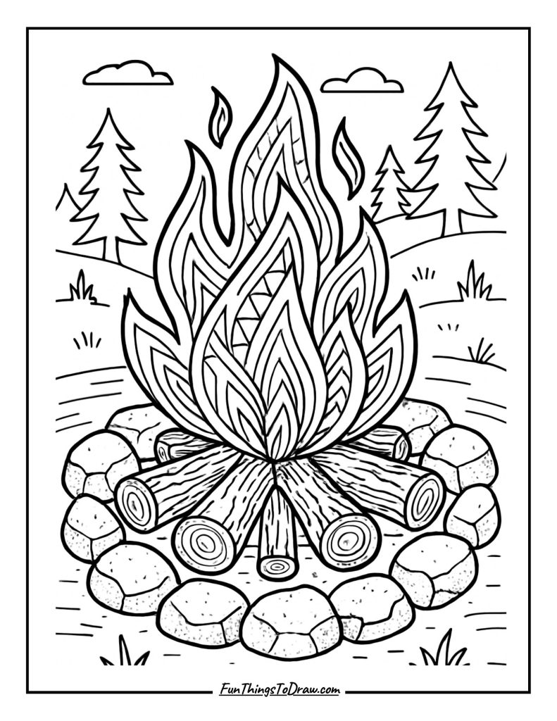 Autumn Campfire Scene coloring page