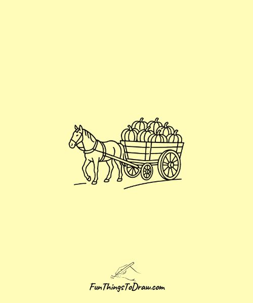 Drawing of Horse-drawn wagon loaded with pumpkins