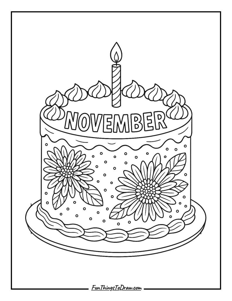November birthday cake with autumn-themed decorations coloring page