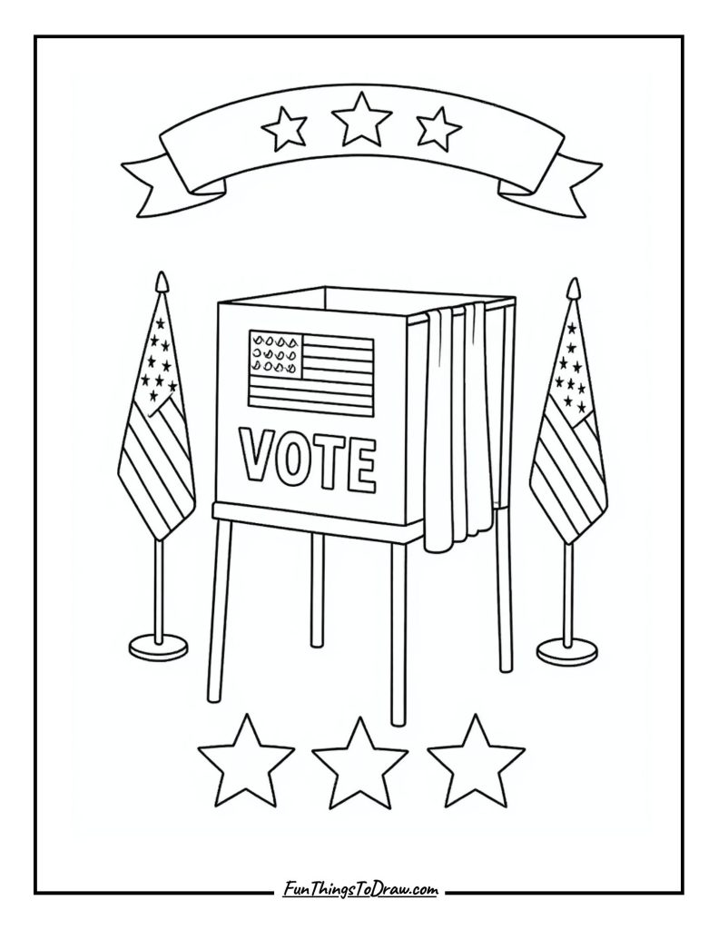 Election Day voting booth with patriotic elements coloring page
