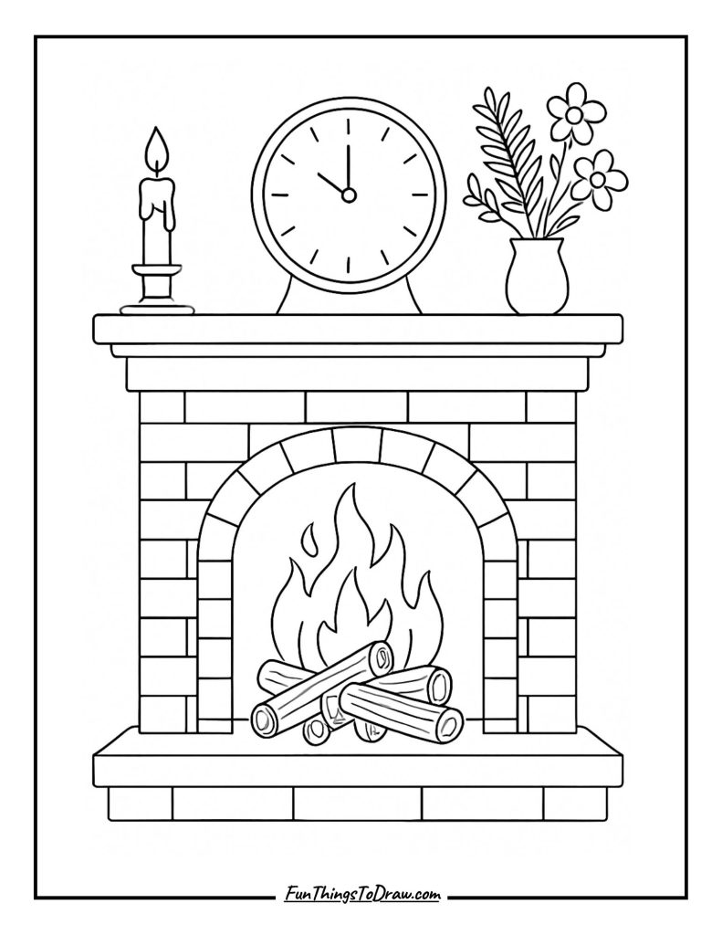 Fireplace with crackling logs and mantle decorations coloring page idea