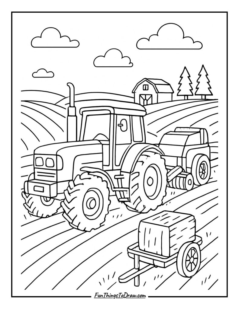 Harvest Tractor Scene Coloring Page
