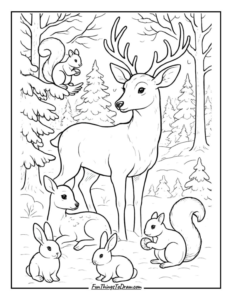 Winter Forest Animals Coloring Page