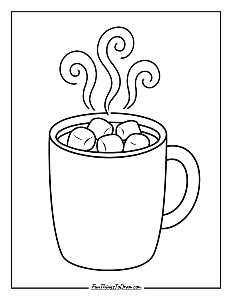 Hot cocoa mug with marshmallows and steam swirls coloring page