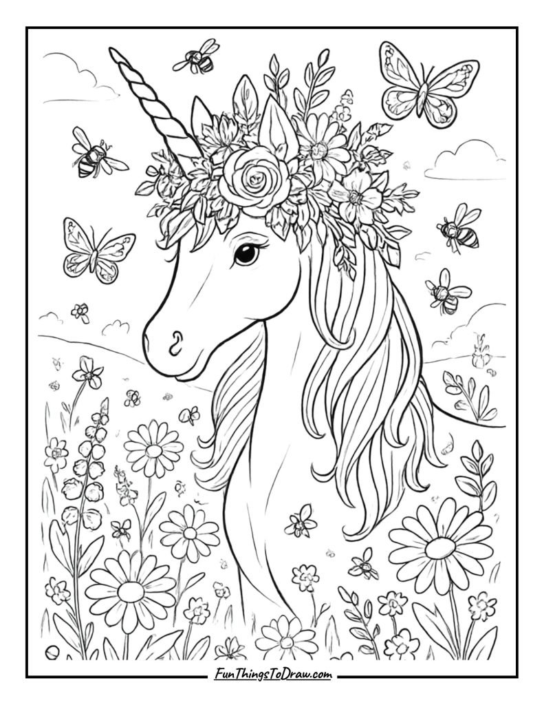 Flower Crown Unicorn Coloring Page
