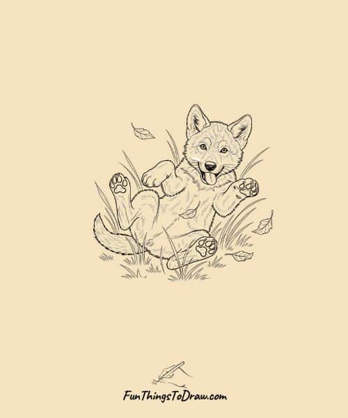 Cute Drawing of Wolf Pup Playing