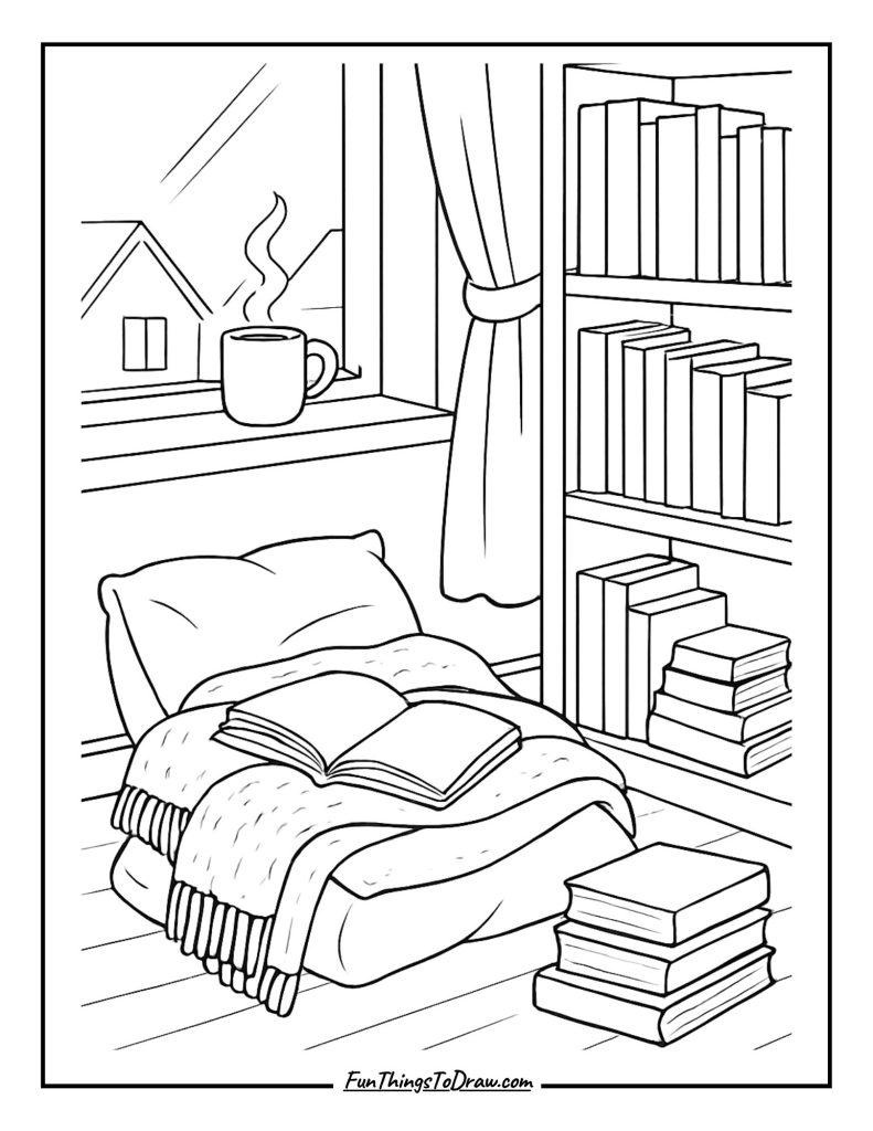 Cozy reading nook with books and autumn blankets coloring page