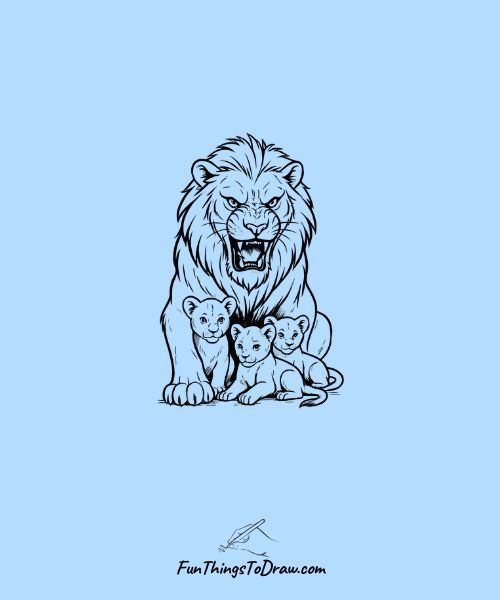 Lion Protecting Cubs