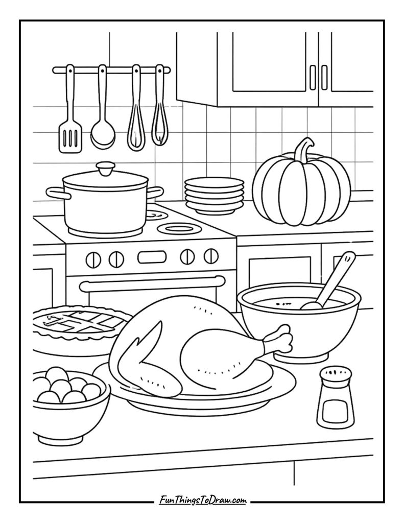 Thanksgiving cooking scene with detailed kitchen utensils coloring sheet