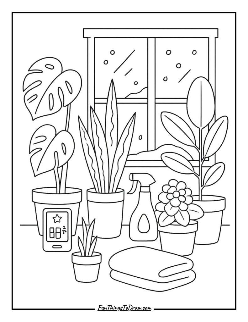 Indoor plants preparing for winter care coloring idea