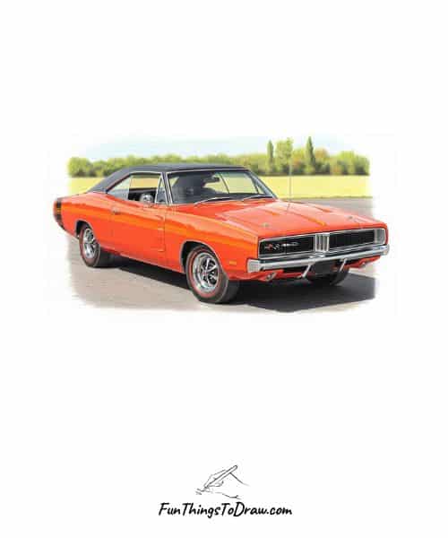 1969 Dodge Charger Car Realistic Drawing