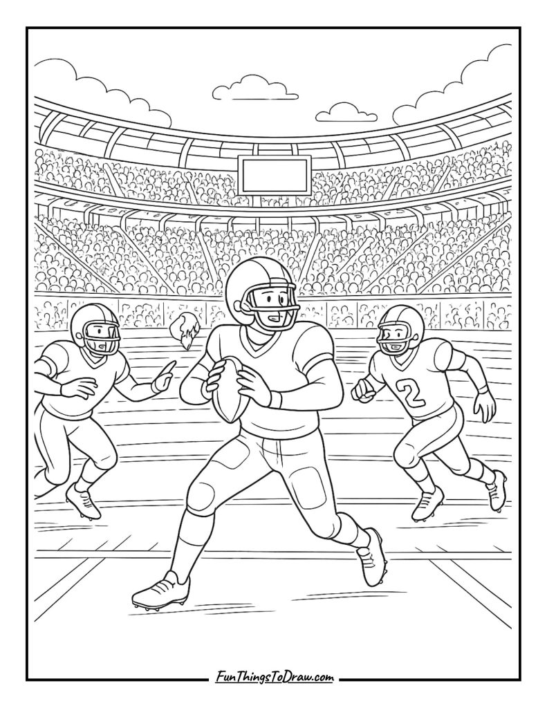 Thanksgiving football game scene with detailed stadium coloring page