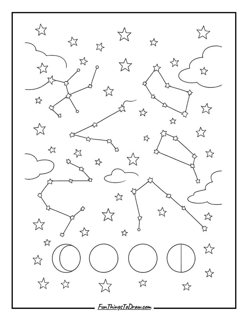 November night sky with constellations and moon phases coloring page